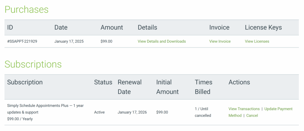 Screenshot depicting the Purchase History of Your Account. This is where you can see if your subscription and license key are expiring.