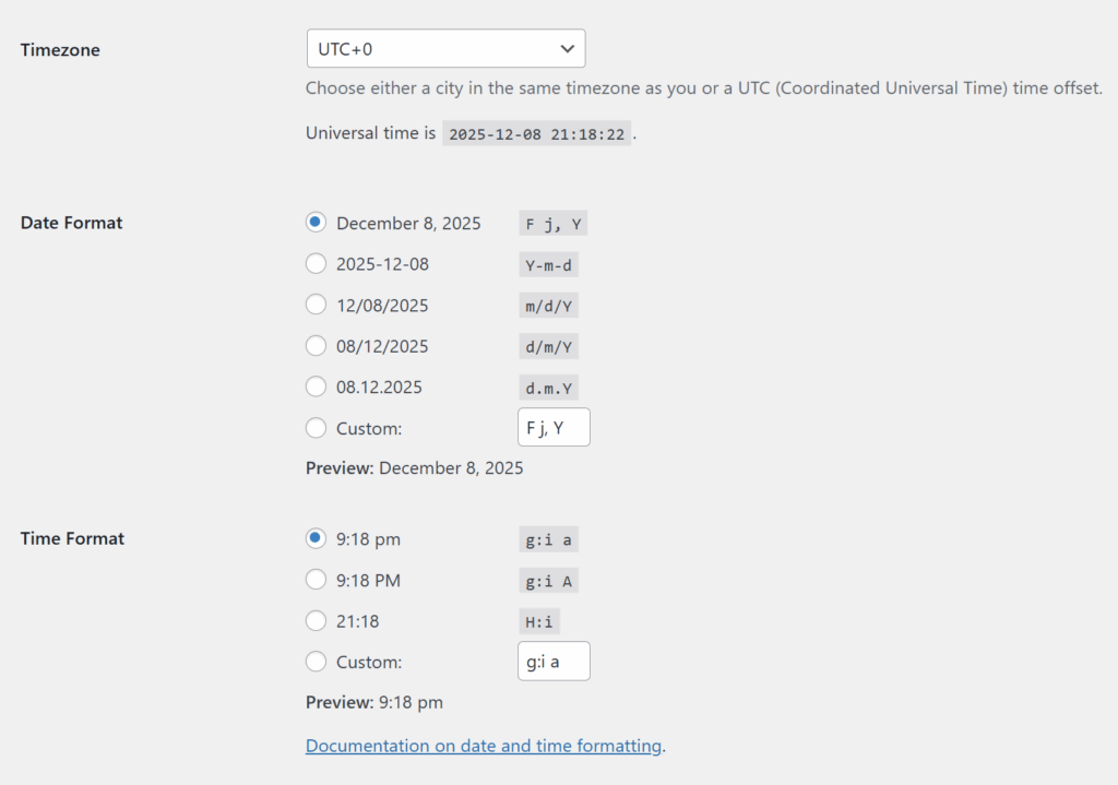 WordPress timezone settings