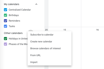 A dropdown depicting the ability to Subscribe to calendar.