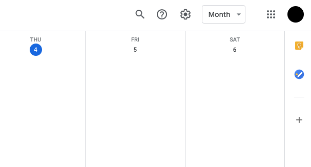 Cog or gear icon depicting the Google Calendar settings, next to the Month dropdown.
