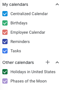 List of calendars in Google Calendar