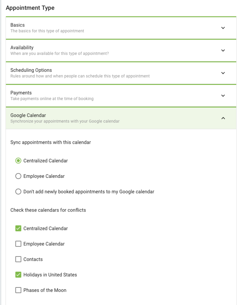 Appointment Type settings and Google Calendar section expanded.