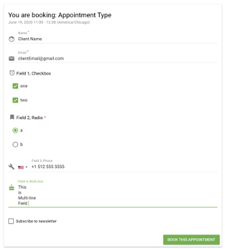 Screenshot depicting a booking form with all field types used.