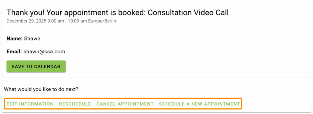 Confirmation screen with all the buttons included
