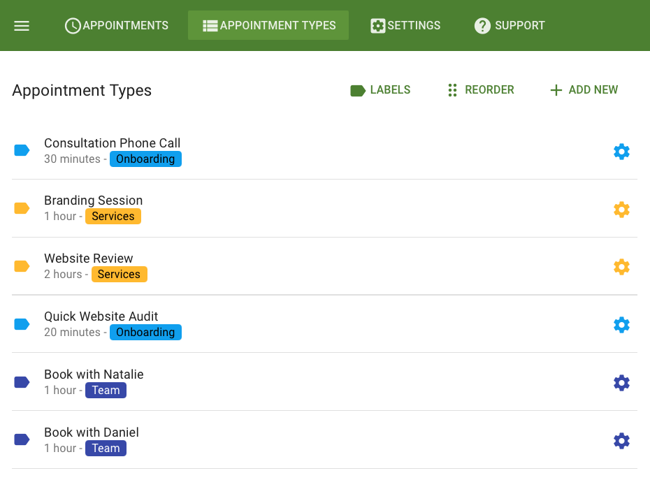 A screenshot displaying the appointment types clearly labeled with different colors.