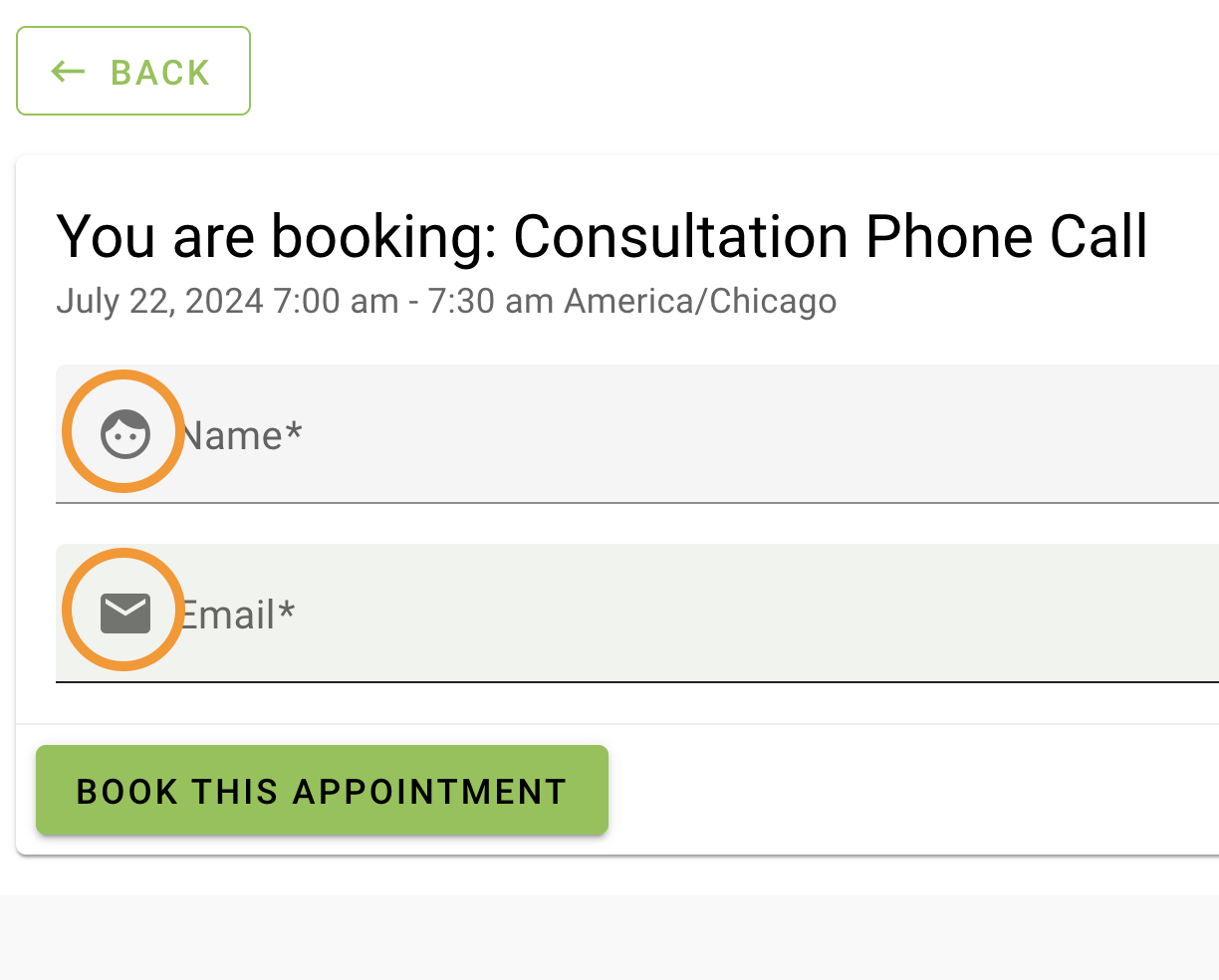 Field icons on booking form are highlighted