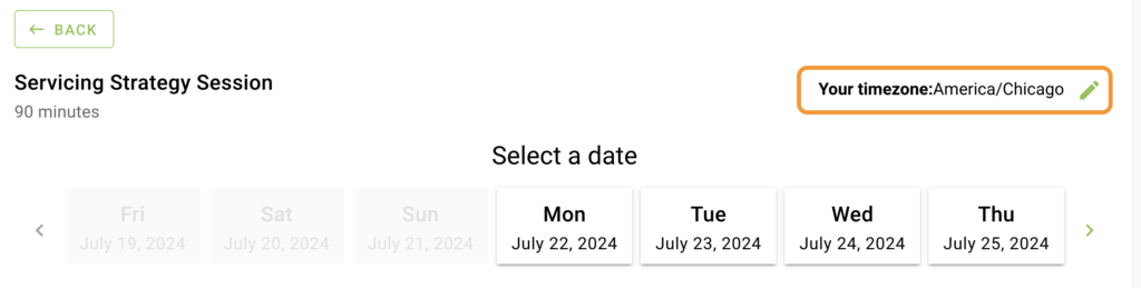 Your Timezone dropdown element highlighted on the top right corner of the date selection screen.