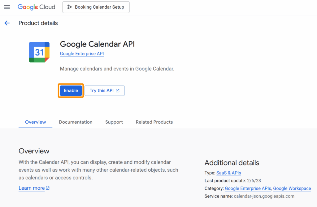Click Enable to enable the Google Calendar API option.