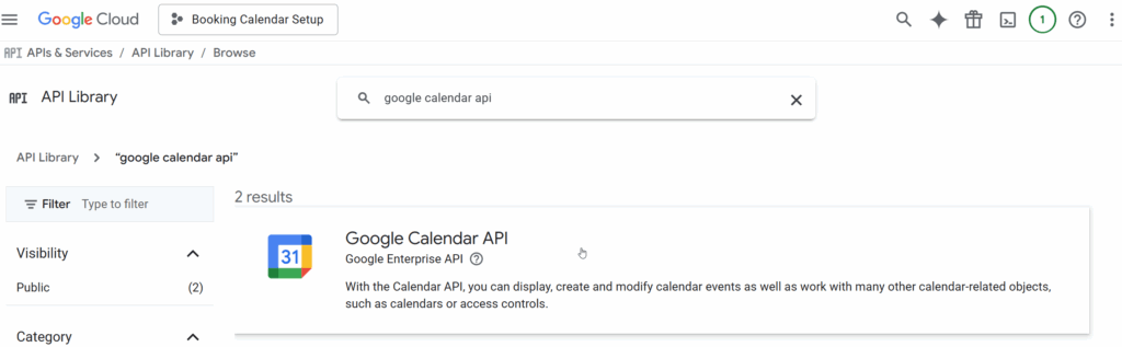 Select the correct api library named as "Google Calendar API".