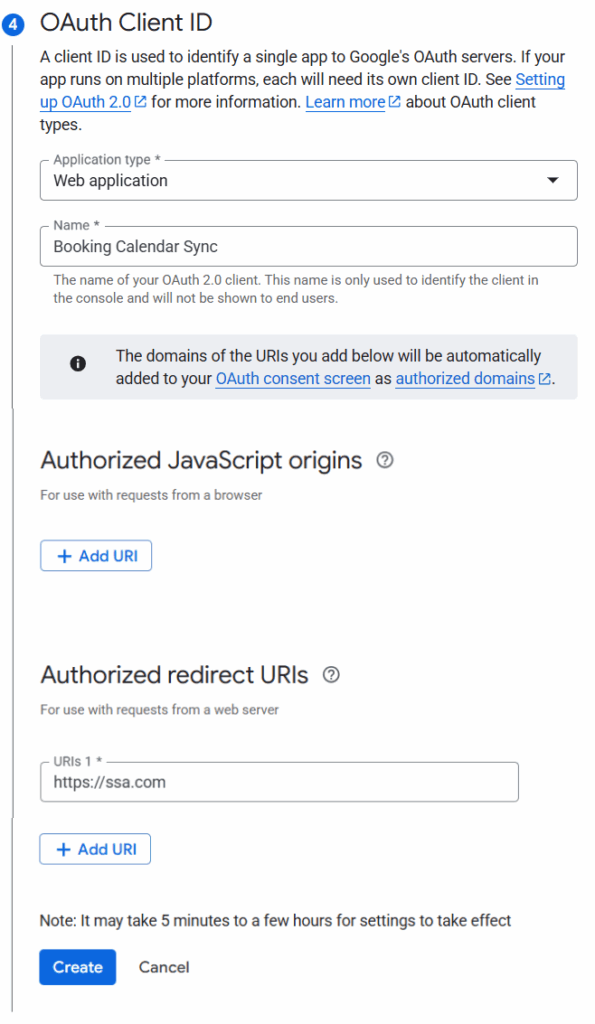 Setup selections with adding redirect URIs