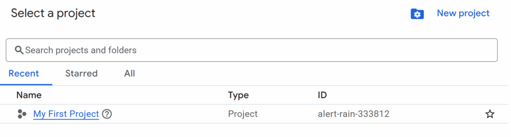 Either select an existing project or create new via the "New Project" option.