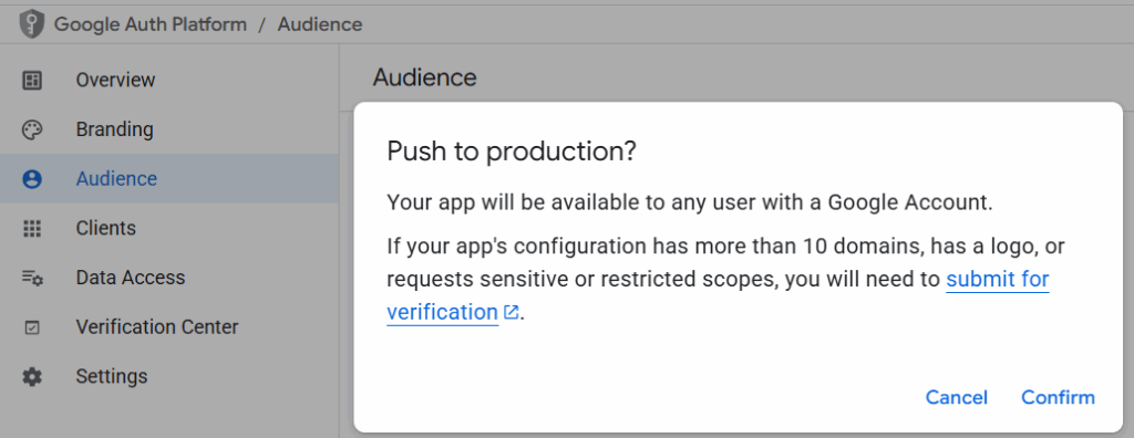 Click "Confirm" in order to publish the app.