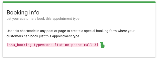 Appointment Type settings page depicts the shortcode that can be used to call a specific appointment type.