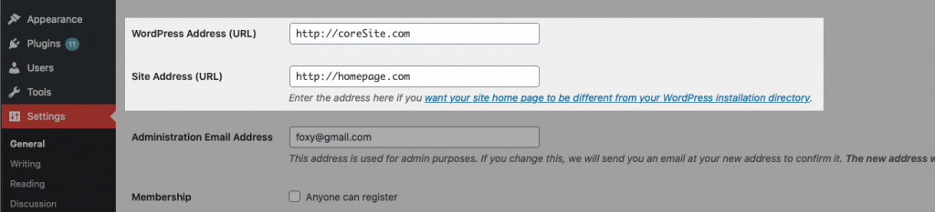 Screenshot depicting the WordPress Address URL and Site Address URL fields in the Settings.