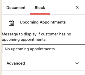 The Upcoming Appointments module settings in the Wordpress Block Editor - Editing the message that's displayed if the user has no Upcoming Appointments