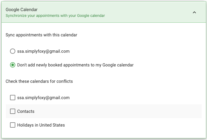 This screenshot depicts how to sync Appointment Types with Google Calendar and check for conflicts.