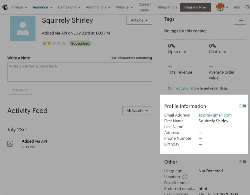 Screenshot depicting the name and email information in Mailchimp.