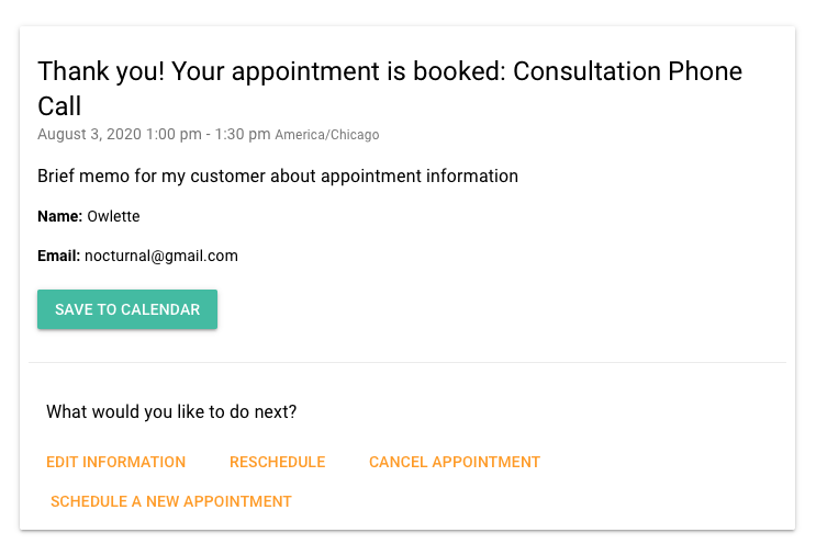 Booked appointments confirmation message displaying afterwards.