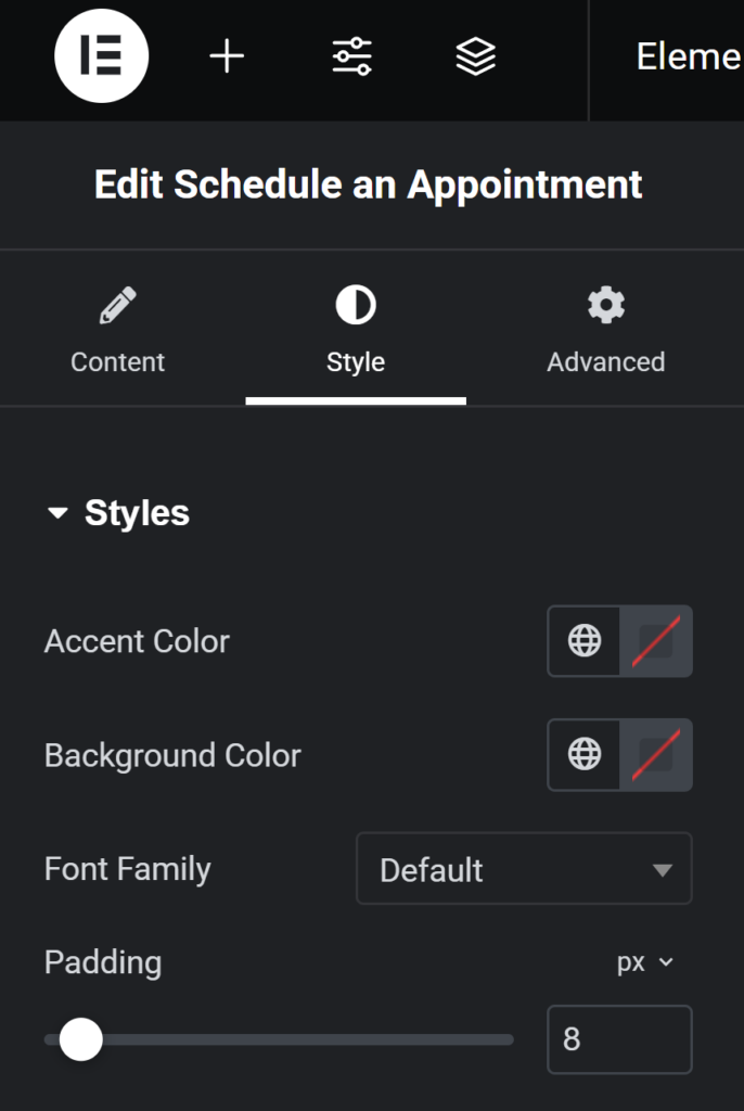 The style changes for SSA Appointment Module within Elementor