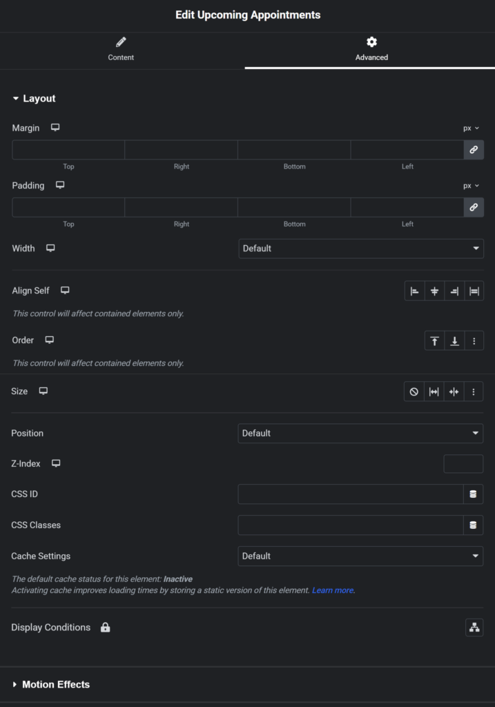 Screenshot depicting how to adjust the advanced design attributes of the widget.