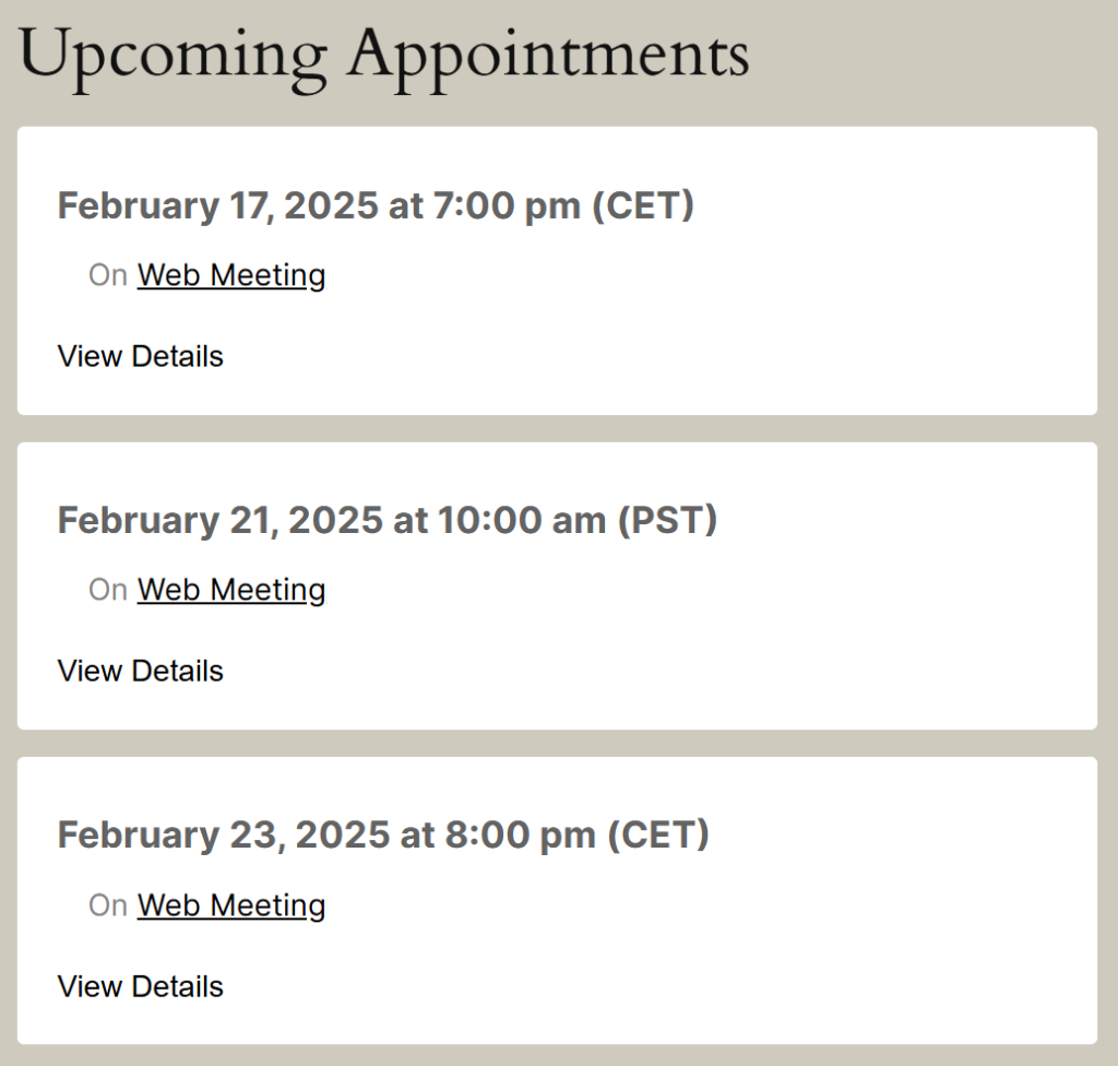 Upcoming Appointments Module showing list of upcoming appointments