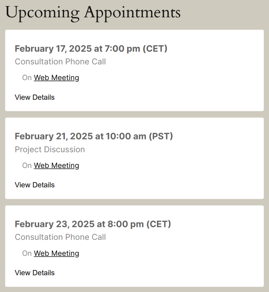 Upcoming Appointments Module shortcode with Appointment Types