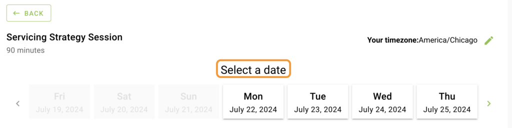 Default "Select a Date" heading highlighted in the booking form.