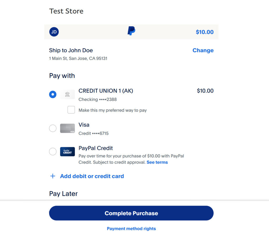 PayPal checkout with the option to pay with the balance, credit union, visa, etc.