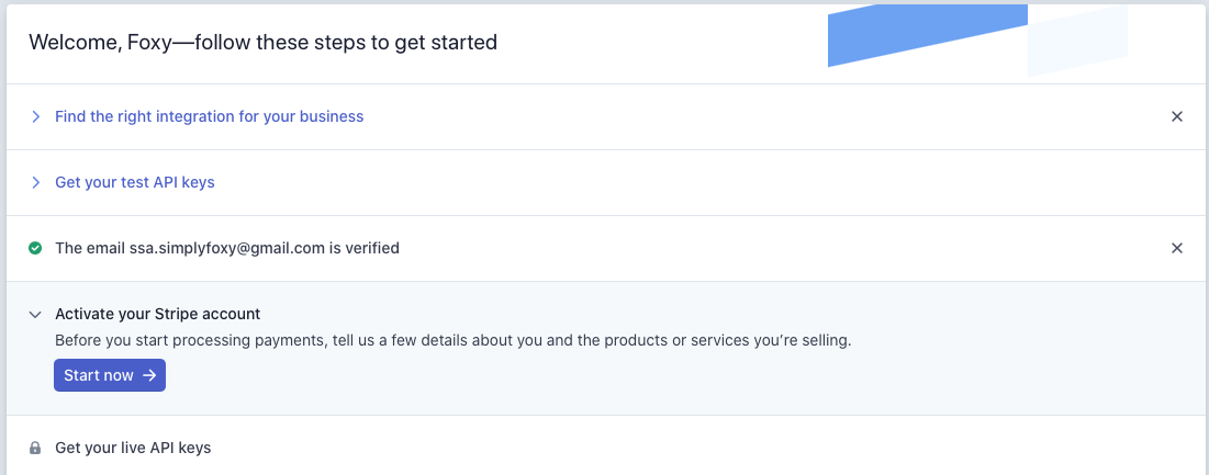 Screenshot depicting how to verify and activate your Stripe account.