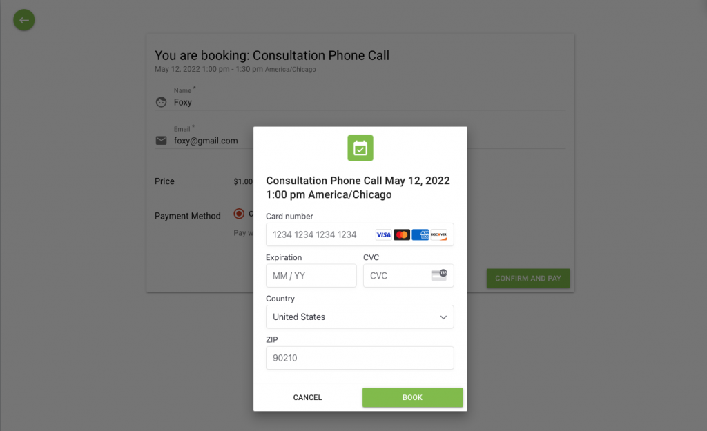 Screen shot of the stripe payment modal