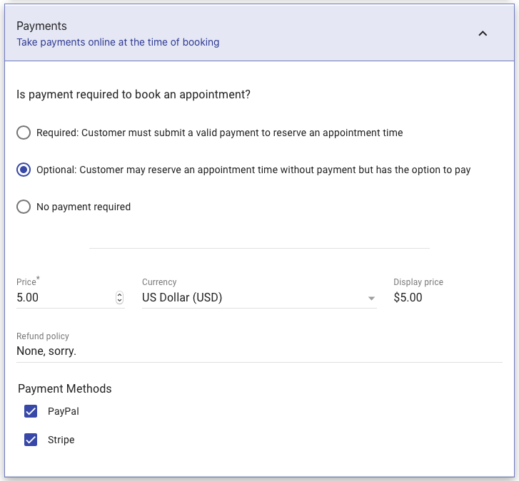 Screenshot depicting the Payments settings in the appointment type.