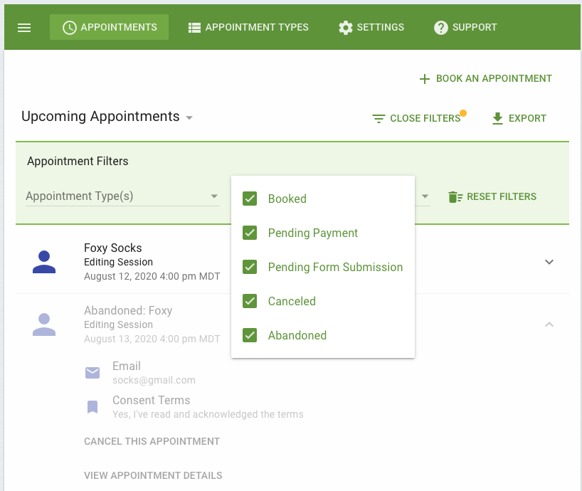 Screenshot depicting the various booking statuses that can be used in the Filter when you need to manage payments.