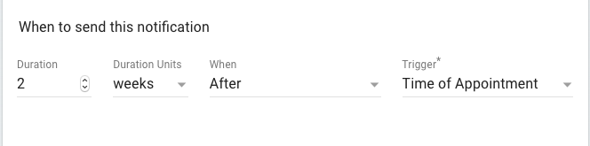 Setting up a reminder 2 weeks after the time of the appointment in the notification editor