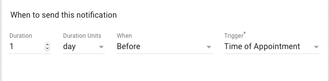 Setting up a reminder 1 day before the time of the appointment in the notification editor