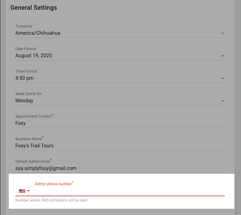 Screenshot depicting where the Admin Phone number is located in General Settings.