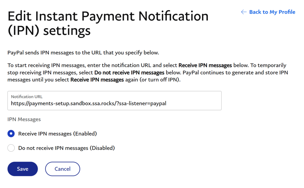 Enable IPN and enter your notification URL.