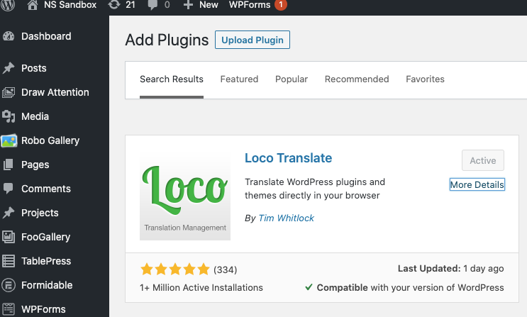 Loco Translate plugin activated and ready to change text.
