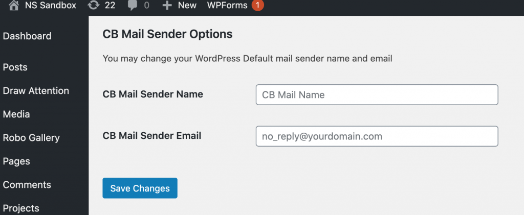 CB Mailer Plugin page displaying the Sender Name and Sender Email fields