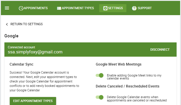 Screenshot depicting how to enable Google Meet web meetings in SSA's Google Settings.