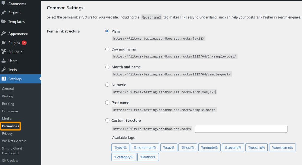 Screenshot of WordPress Permalink Settings page showing the 'Plain' setting selected.