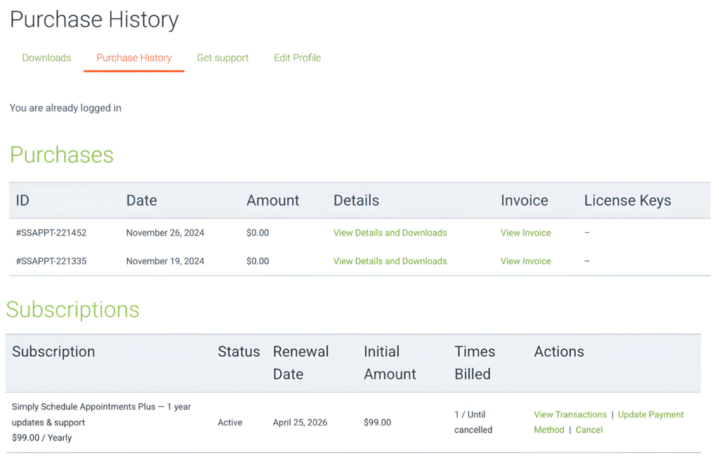 The Payments Tab in the account
