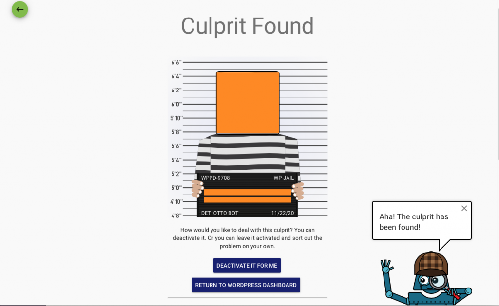 Culprit Found Screen in Plugin Detective