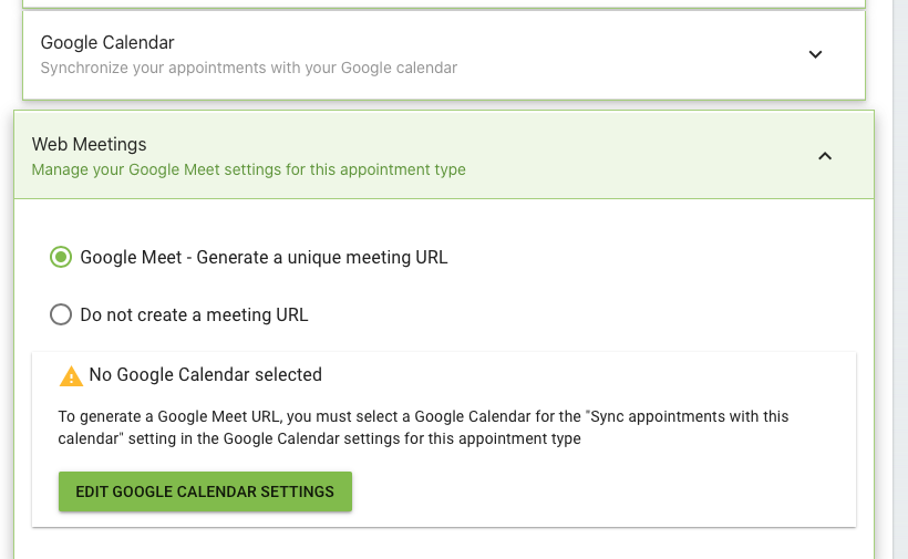 Screenshot depicting that no Google Calendar has been selected when a Google Calendar is not set up properly.