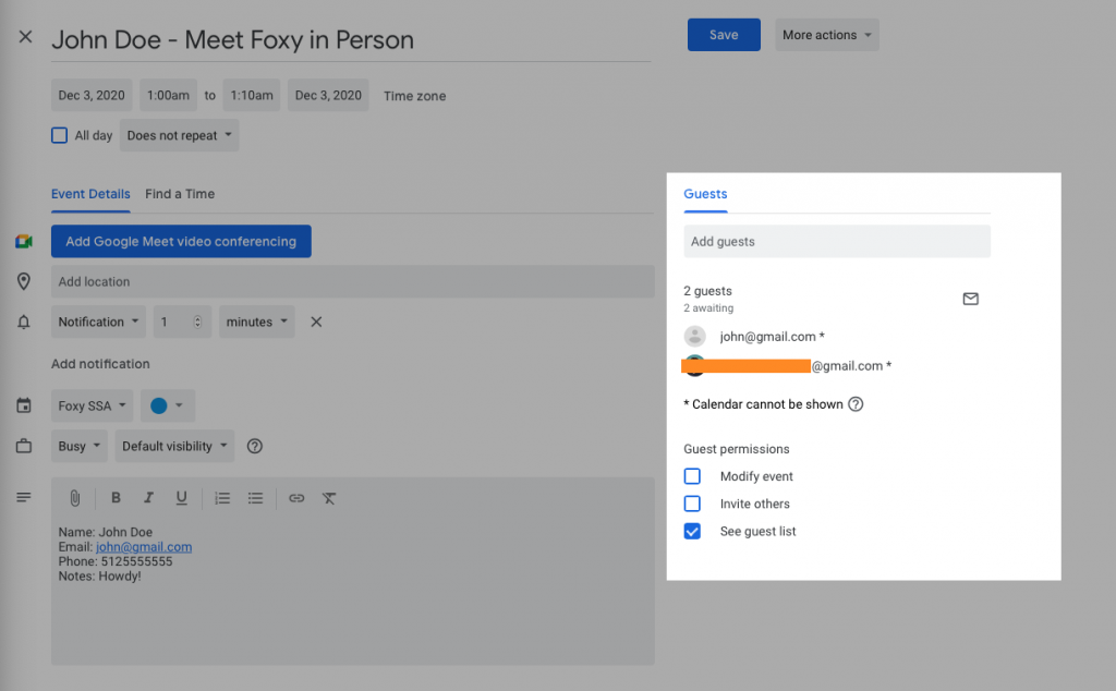 Google calendar event to add more guests