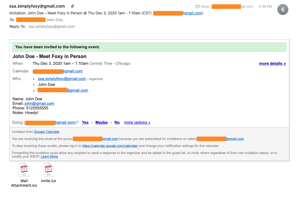 An email invitation for the guests for the Google Calendar Event