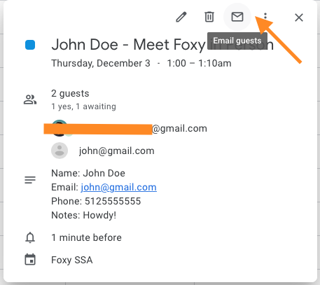 Send an email to the Google Calendar event guests with Envelope icon