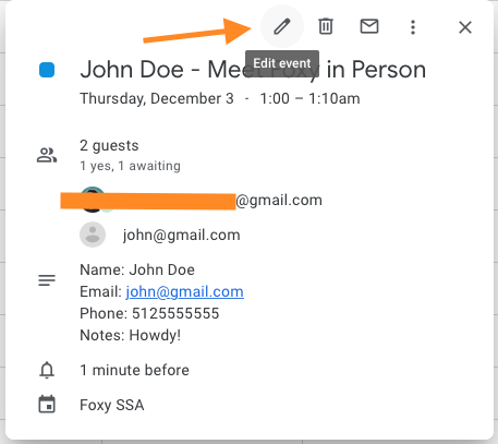 Edit the Google Calendar Event with Pencil Icon