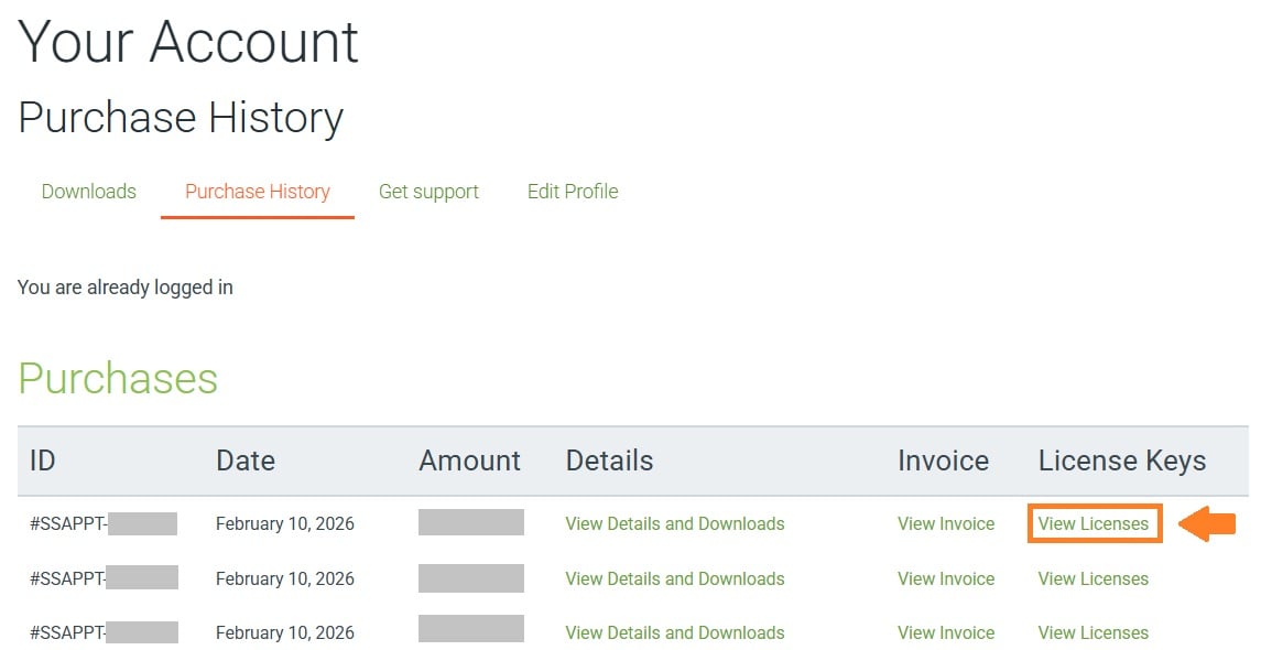 View Licenses selected in the last column of the Purchases table, under the License Keys column.