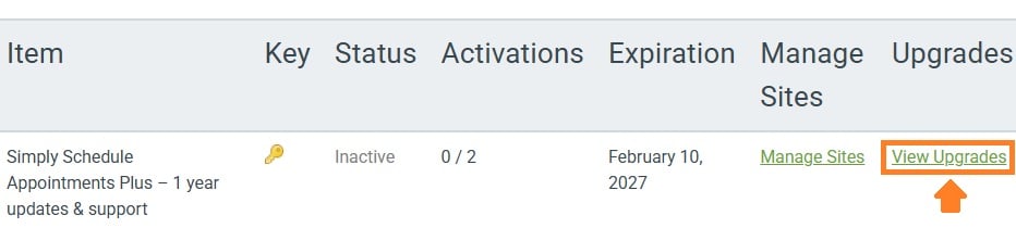 View Upgrades selected in the last column of the table, under the Upgrades column.