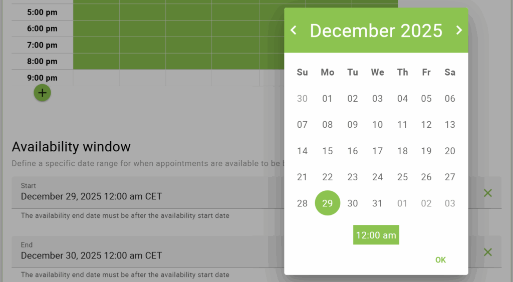 Selecting an end date for the day-long availability window in the appointment type settings